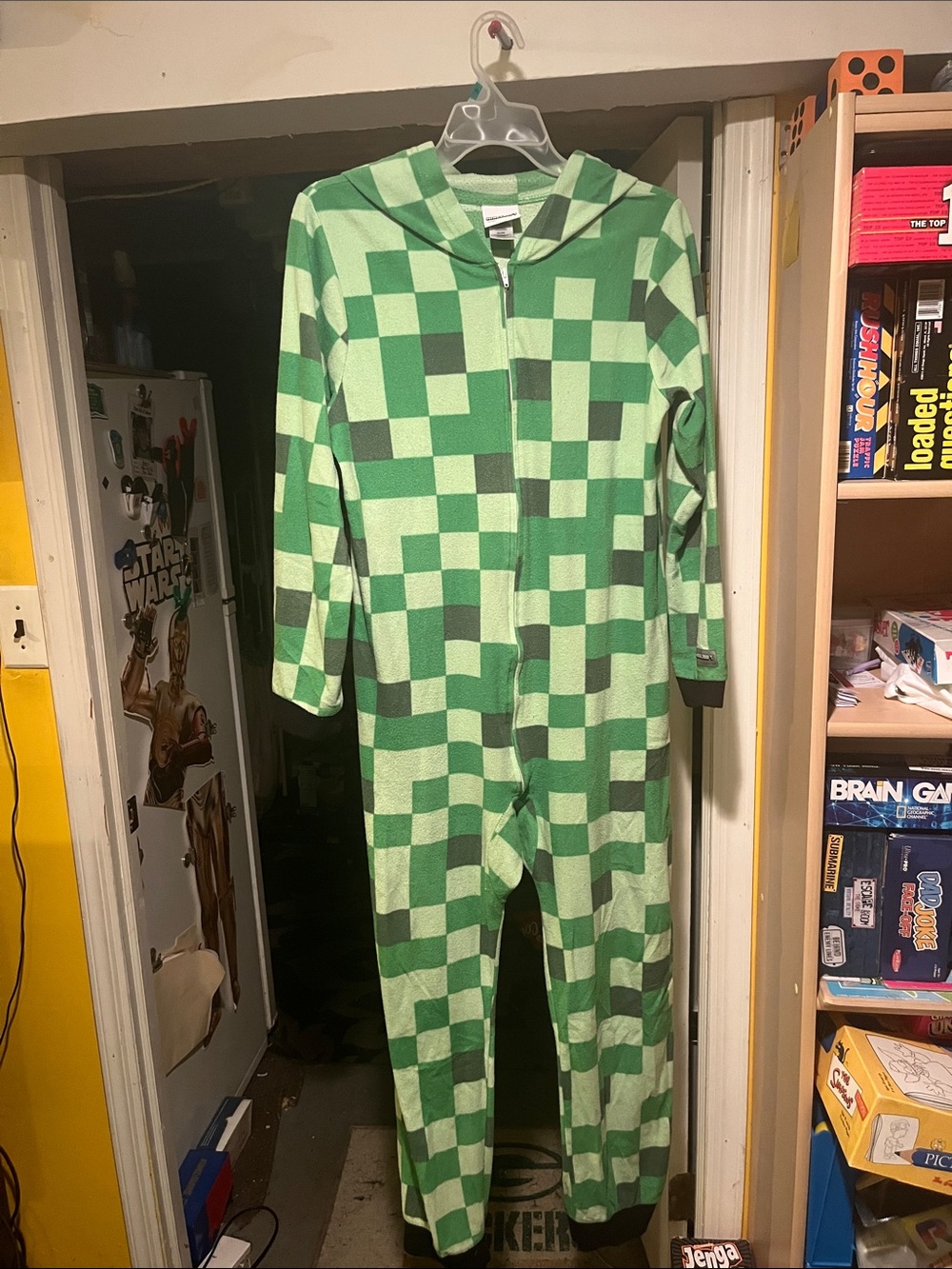 Green Checkered Hooded Kids One-Piece Footie Pajamas